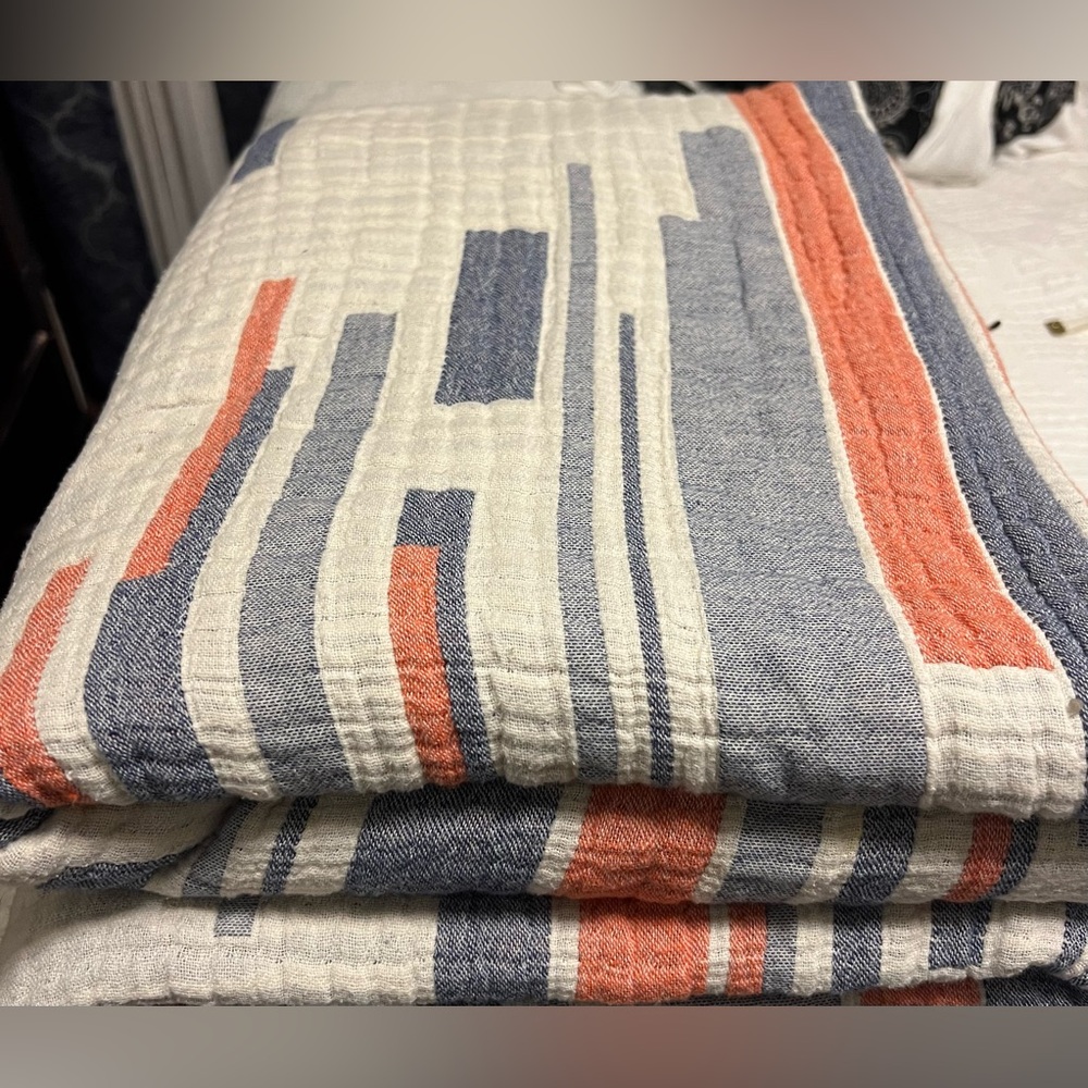 100% Cotton Gauze Blanket Throw 48x70 - Cream, Blue & Tangerine Stripes EUC